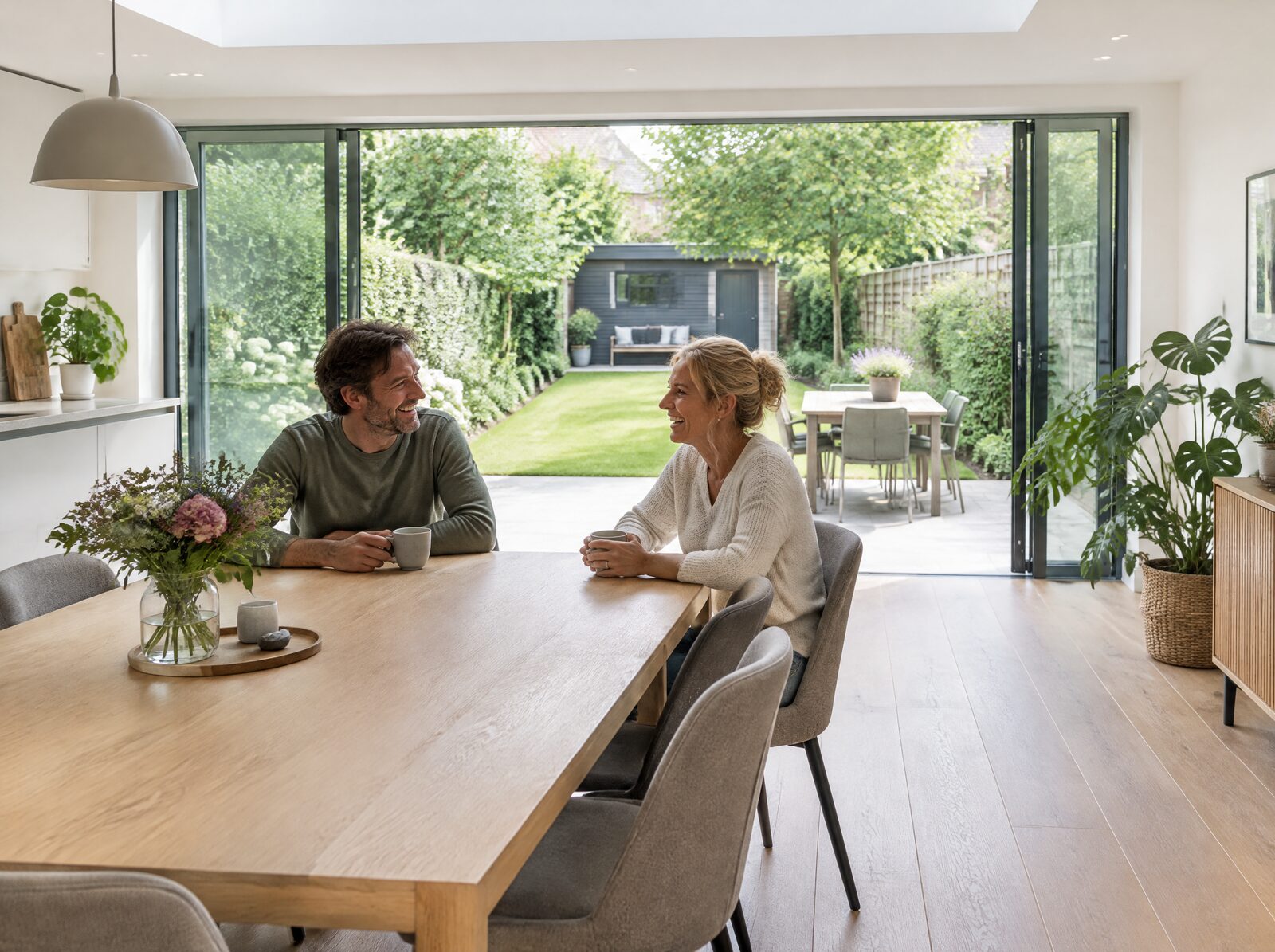 Een ontspannen stel drinkt koffie aan een houten eettafel in een lichte uitbouw, met de glazen pui open naar een groene tuin.